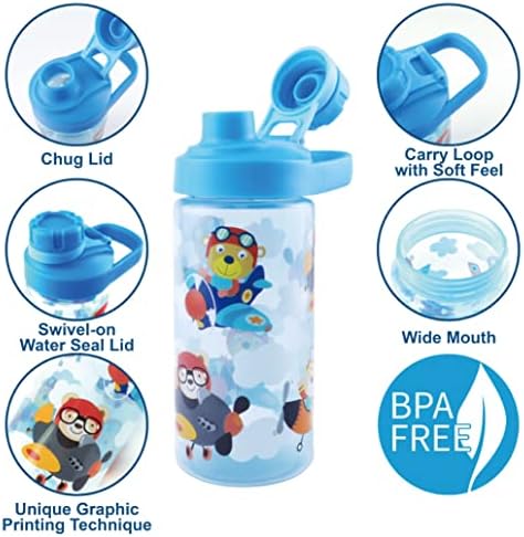 Детска бутилка за пиене на вода Koohot 15 унция - Без Бисфенол А, флип-надолу сламена шапка, контур за носене, флип-надолу капак, широк гърлото, лека, запечатани, с хубав д?