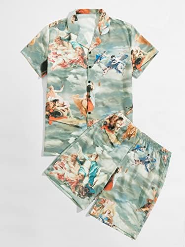 FDSUFDY Облекло от две части за мъже, Мъжка Риза с принтом на маслената живопис и Шорти (Цвят: многоцветен, Размер: X-Large)
