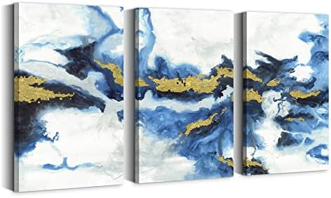 Тюркоаз Абстрактен Платно Стенно Изкуство: Голям Комплект от 3 теми, Кралско Синьо Съвременна Живопис, Тъмно Синя Вълна, Модерна