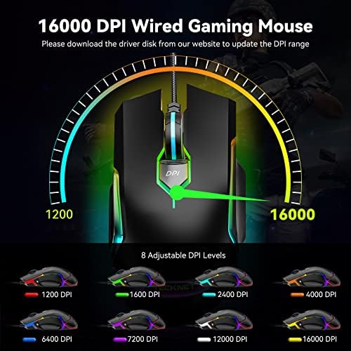 Жичен Детска мишката TECKNET RGB с 11 режима на осветление, 8-Степенна регулируема 16 000 dpi, Компютърни Игри Мишка с 9 Програмируеми