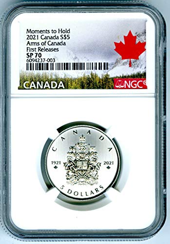 Кралския монетен двор на Канада през 2021 г. за ПЪРВИ път ПУСКА на Герба на Канада на СТОЙНОСТ 5 SP70 NGC