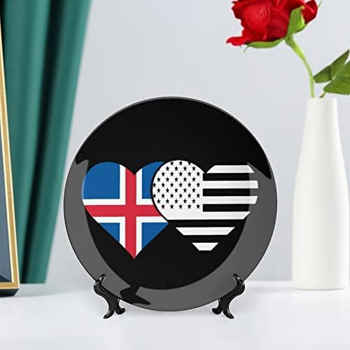 Декоративна Чиния с Флага Исландия и Американския Флаг, Кръгли Керамични Плочи с Поставка за вашия Офис, Сватбен Декор