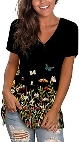 Блуза, Тениска за Момичета Лято Есен с Къс ръкав 2023 Памук Дълбоко V Образно Деколте Графична Блуза за Късна закуска VN VN