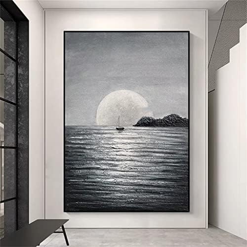 ZJHYXYH Ръчно рисувани Черно-бял Океан Морски пейзаж Живопис с маслени бои върху Платно Декорация на дома (Цвят: D, Размер: