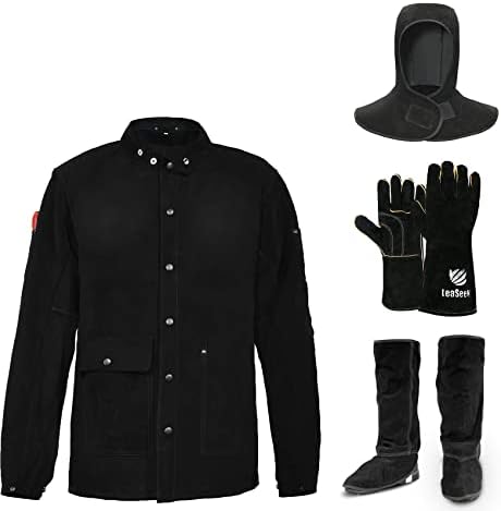 Кожена заваръчен яке (голям размер) + Заваръчни ръкавици + Заваряване капачка + Заваръчни плешка - идеална за обработка на дървесина,