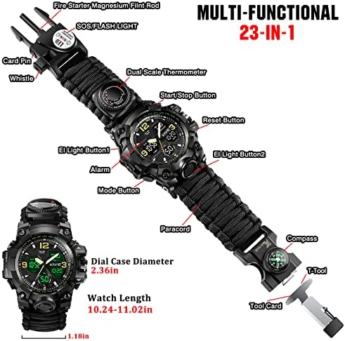Военни цифров часовник за оцеляване 23 в 1, Мъжки Тактически Многофункционален и Регулируеми Ръчен Часовник, Водоустойчив спортен
