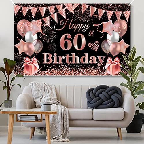 TUTUXMA 60th Birthday Decoration Банер, 60th Black Rosegold Birthday Background Банер за Оформяне на Фотобудки, Много Голям Диамант Банер
