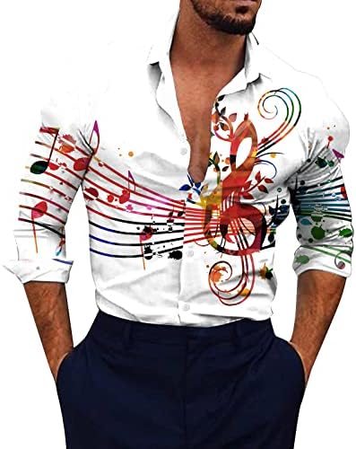 XXBR Мъжки Ежедневни Ризи с копчета, Есенни Хавайски Ризи с Отложным Яка и Принтом Музикални Ноти, Плажни Ризи с дълъг Ръкав