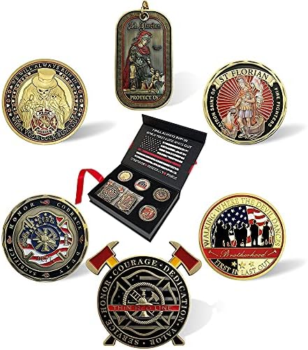 Подарък Кутия за монети BHealthLife Firefighters Fire Department Challenge с 6 Монети за Молитва Пожарникар, Тънка Червена Линия, Айде