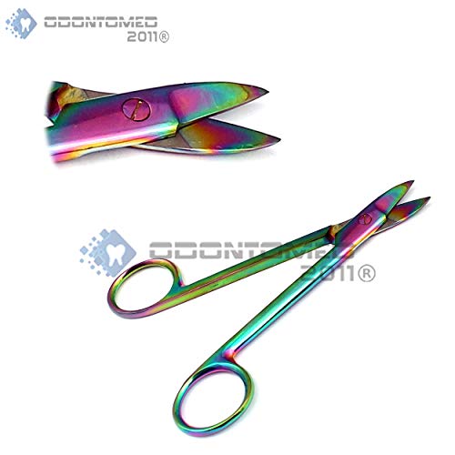 OdontoMed2011 Комплект от 10 различни Цветни Титанови ножица Rainbow Crown 4,5 прави и Извити от неръждаема Стомана, ODM