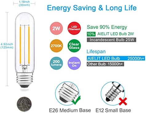 Комплект led лампи AIELIT 4 опаковки по 2 Вата T10/G15, Еквивалентна лампа с нажежаема Жичка с мощност 25 Вата с регулируема