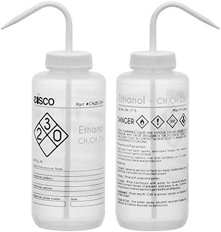 Бутилка за измиване на етанол EISCO, 1000 мл - С цветен етикетиране на химични вещества и на информацията за сигурността (4 цвята) - Широка