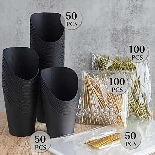 Ocmoiy 50 комплекти за Еднократна употреба чаши за колбаси с пръчки и торби, кутии за закуски, от черна хартия с тегло 14 грама, Индивидуални