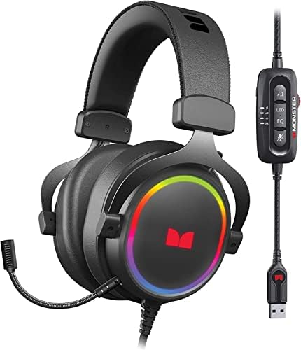 Детска слушалки Monster Alpha с подсветка 7.1 RGB и съраунд звук 7.1, подвижен микрофон с шумопотискане, Меки слушалки за игри на вашия