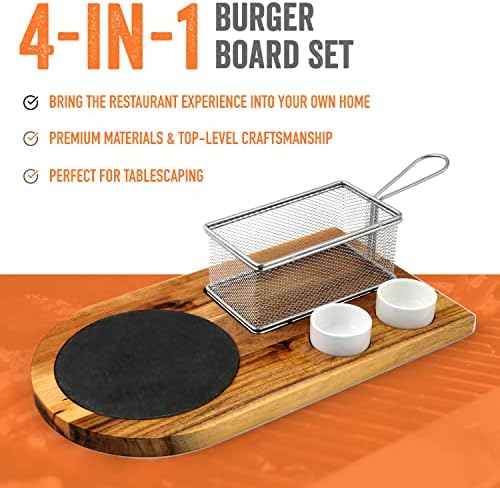 Сервировочный комплект за бургери Yukon Glory, който е подходящ за гурме любителите на хамбургери и сервиране на масата, включва дъска от висококачествен дървен матери?