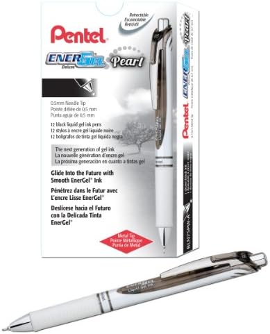 Гел химикалка Pentel EnerGel Pearl RTX, (0.5 mm), с Тънка линия, на Върха на иглата, Черно мастило, Кутия от 12 броя (BLN75PW-A)