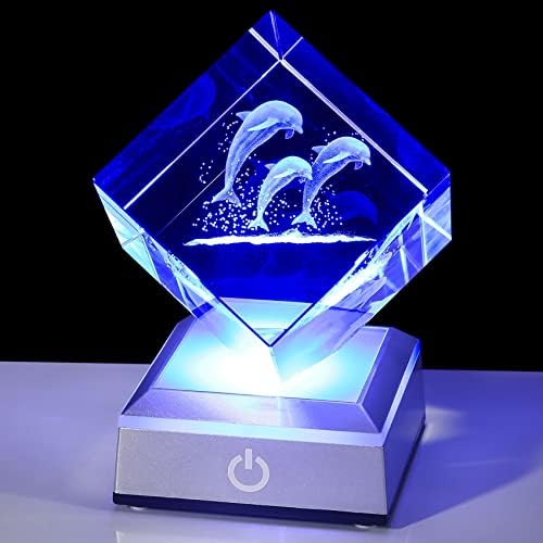 YWHL Кристална Делфин, Подаръци за Жени и Мъже, 3D Фигурка на Делфин с Лазерно Гравиран и Цветен Светлинен Основание, Декорация във формата на Делфин, лека нощ, подарък