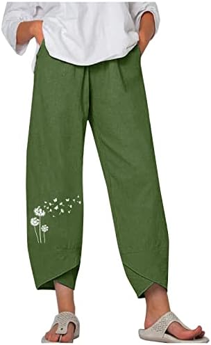 По-големи Размери, Дамски Широки Ленени Панталони в стил Бохо с Принтом Глухарче, всеки ден на Плаж на остров Капри, Скъсяване