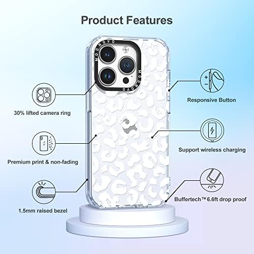 MOSNOVO е Съвместим с калъф iPhone 14 Pro, [Buffertech ™ с удар при падане 6,6 фута] [Технология за защита от отслаивания] Прозрачен калъф-броня от TPU за жени и момичета, с бял леопард,