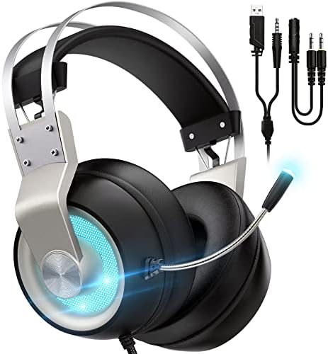 Детска слушалки с микрофон - Съвместим с PC, PS4, Switch, Xbox - Детска слушалки за КОМПЮТЪР с микрофон с шумопотискане - Съраунд звук 7.1 / Вграден контрол / Led светлини / Стоман?