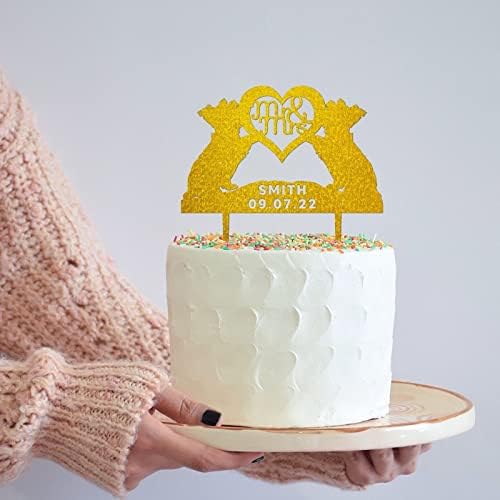 Дървени Персонализирани Топперы за Сватбената торта Силуета на булката И Младоженеца, Златна Блестящ Topper за торта, Калиграфия,