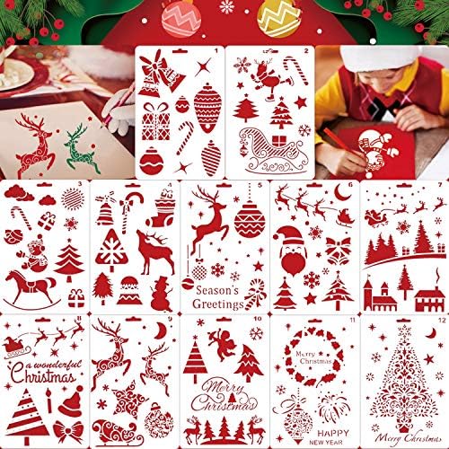 Konsait 12 Опаковки, Коледни Шаблони Шаблон, за многократна употреба Шаблон за Рисуване на Коледни Картинки, Коледни Шаблони за Поздравителни