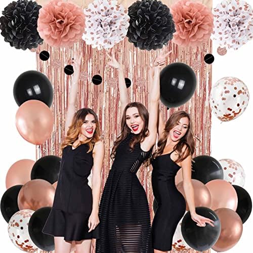 ANSOMO Розово-Златни и черни Украса за Парти честит Рожден Ден на Момичетата И Жените, Балони с pom-помераните, за да проверите За декор