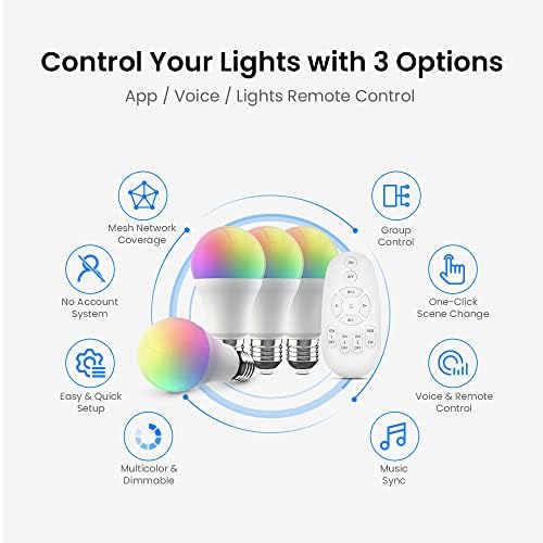 Комплект за осветление BroadLink Smart Bulbs с дистанционно управление - 9 W A19 Bluetooth, променящи цвета на Крушката с цел синхронизиране на музика, съвместими с Alexa, Google Home