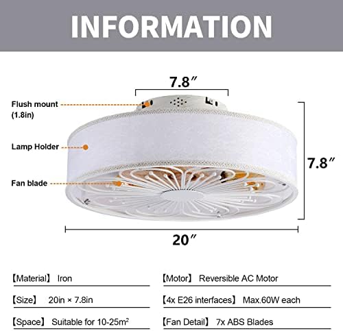 HUOGME 20 вентилатор на Тавана в клетка с подсветка: Модерен Нископрофилен Текстилен Лампа с бродерия, Дистанционно Управление,