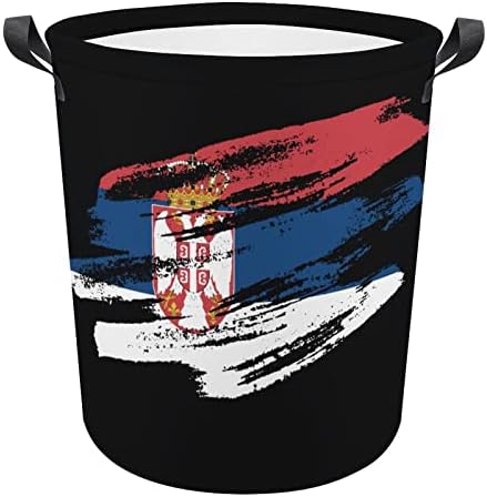 Реколта Кошница за Дрехи със Сръбски Флаг, Кръгла Сгъваема Кошница за Дрехи, Кошница За Съхранение на Бельо за Спални, Баня
