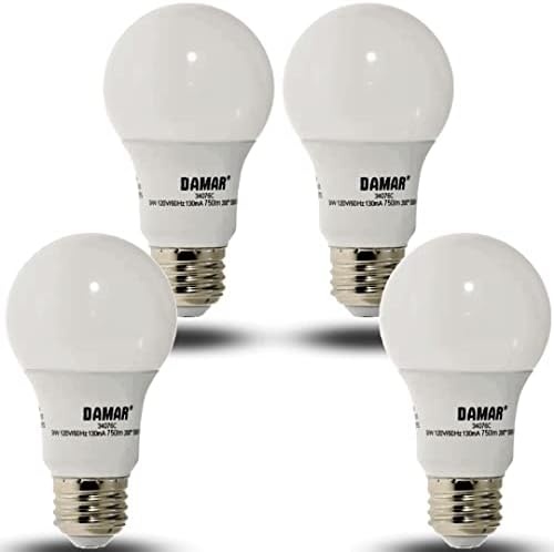 Led лампа Damar A19, 9 W (еквивалент на 60 W), 5000 К (дневна светлина), 750 Лумена, Цокъл e26 е в списъка на UL, 4 комплекта без регулиране на яркостта за дома и офиса