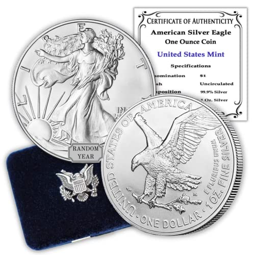 2021. - до Момента (Случаен година) е Американска сребърна монета с орел с тегло 1 унция, Брилянт, без лечение (в капсули от тип 2), в оригиналната кутия, Монетен двор на СА