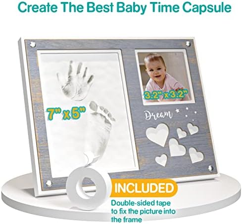 Набор от 1Dino Premium за бебешки отпечатъци на ръцете и краката - Рамка за детска фотография от бяло /сиво дърво размер на 11,6 x 9.3 инча - Включва в себе си 2 опаковки въздушн?