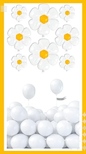 Балони PartyWoo Бял цвят 50 бр. 5 инча и балони с маргарити 8 бр.