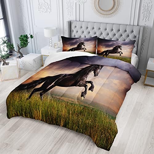 Комплект пуховых одеяла BSNTHO Horse в реален размер, Комплект спално бельо с Дивите Животни от 3 теми, Одеало с възглавници за Галопираща