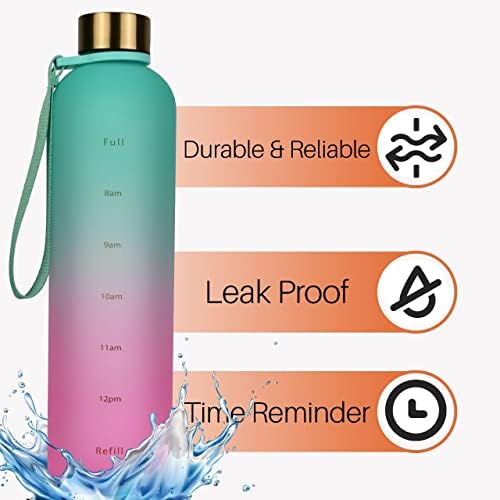 MONEXI - Бутилка за вода с обем 1 л с отбелязване на времето, прозрачна бутилка за вода със стоманен капак и здрава каишка за носене