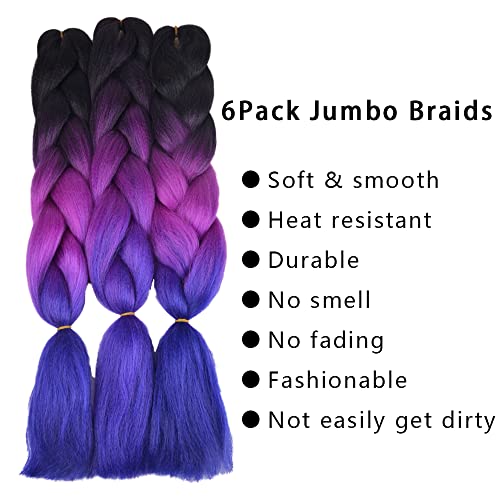 6 опаковки/лот, заплитане на косата, Омбре, Канекалон, Огромна опашка, Синтетичен лилава Ширити, Удължаване на Коса, за усукване, заплитане на косата (черно-виолетово