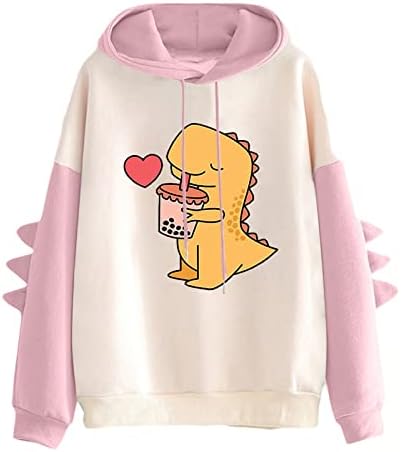 Дамски блузи с динозавром с дълъг ръкав Лоскутная hoody сладък фигура карикатура с качулка за момичета тийнейджъри, всекидневни пуловер топ