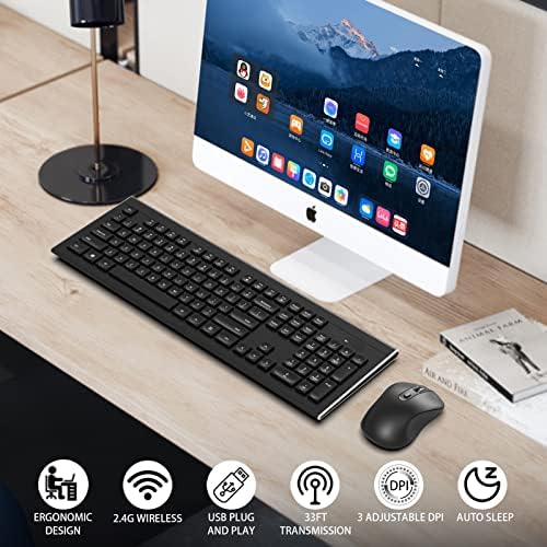 Безжична Комбинирана клавиатура и мишка, Ергономична клавиатура в пълен размер от 2,4 G, Безжична мишка с регулируема 3 dpi, USB Безжични
