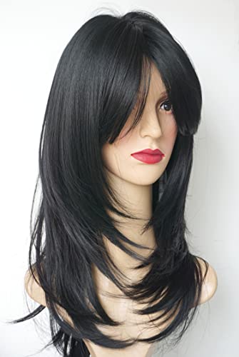 Дълги черни многослойни перуки женски бретон, синтетични перуки с выпадающими локонами за бели жени (черен)