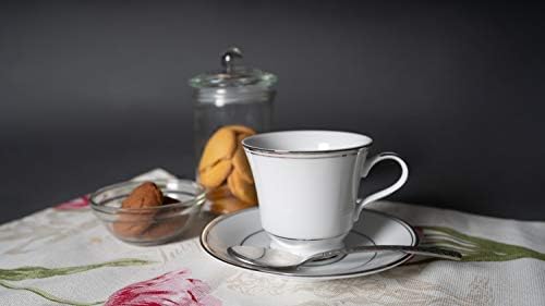 Луксозен порцеланов комплект чаши и блюдец Dankotuwa за 6 човека | Чай от чиста платина. Вегетариански, устойчив на надраскване, могат да се мият в миялна машина и ниско т