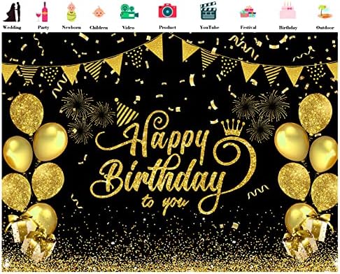 7x5ft честит Рожден Ден на Фона в Черно и Златно Блестящ Балон Фойерверки Знак Рожден Ден Снимка Фон Backgroud за Парти по Случай рождения