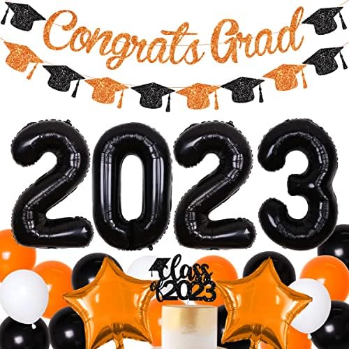 Абитуриентски бижута Оранжево и черно 2023 Поздравителни украса за завършилите Аксесоари за Абитуриентски партита Оранжеви, Бели и черни балони