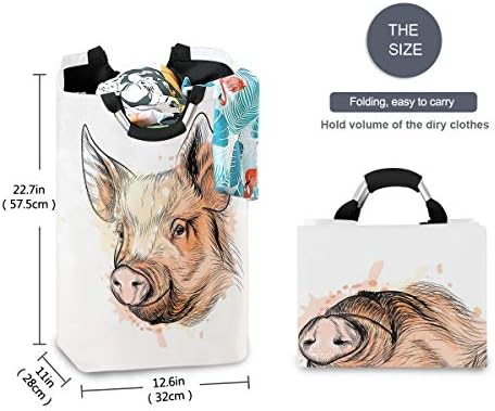 ALAZA Портрет на Свинята Голяма Кошница За дрехи, Сгъваема Чанта с Дръжки Водоустойчив Здрава Облекло Кръгла Кофа за Пране на Мръсни
