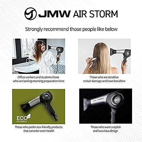 Професионален сешоар JMW AIR Буря - Йонна батерия, керамичен, лек, тих, безшумен, здрав, безшумен сешоар, най-добрата мощност