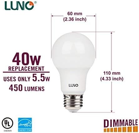 Led лампа LUNO A19 с регулируема яркост, 5,5 W (еквивалент на 40 Вата), 450 Лумена, 2700 К (мека), Средна база (E26), UL & ENERGY
