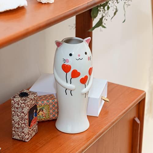 Керамична ваза с Хубав бял котка - Ваза за Цветя с Ръчно изработени с Кошачьим интериор - Эстетичная Декоративна ваза за цветя,