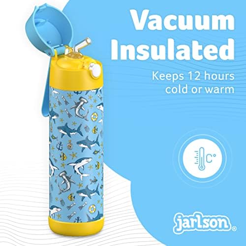 Детска бутилка за вода JARLSON с соломинкой - ANDRZEJ - изолирано бутилка за вода от неръждаема стомана - термос - за момичета / момчета (Shark 'Мозайка', 18 унция)