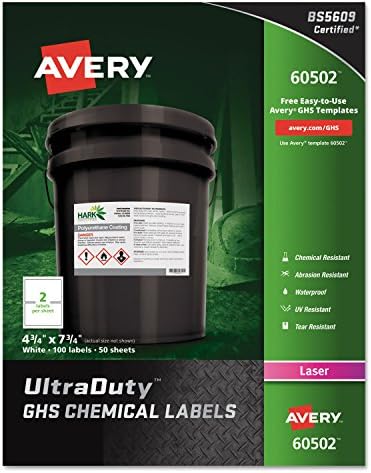 Етикети за химически вещества Ейвъри-Dennison 60502 UltraDuty GHS, Бели - 4,75 x 7,75 инча.