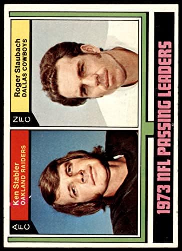 1974 Topps 329 Става лидери Роджър Штаубах / Кен Стейблер Окланд Каубои / Похитителите (Футболна карта) EX / Mount Каубои / Похитителите